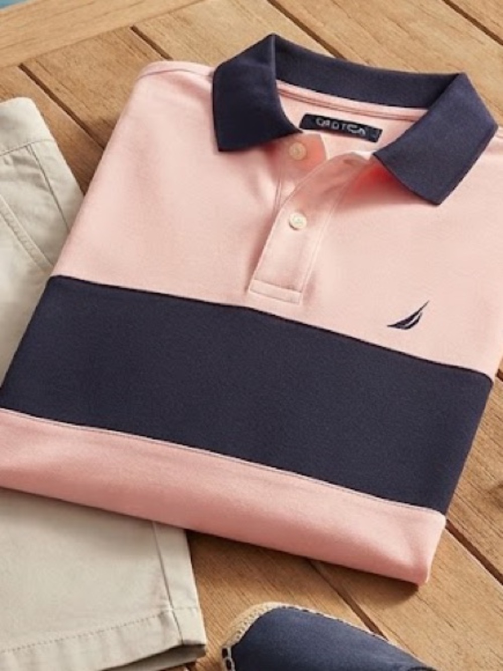 Nautica Pink and Navy Wide-Stripe Polo